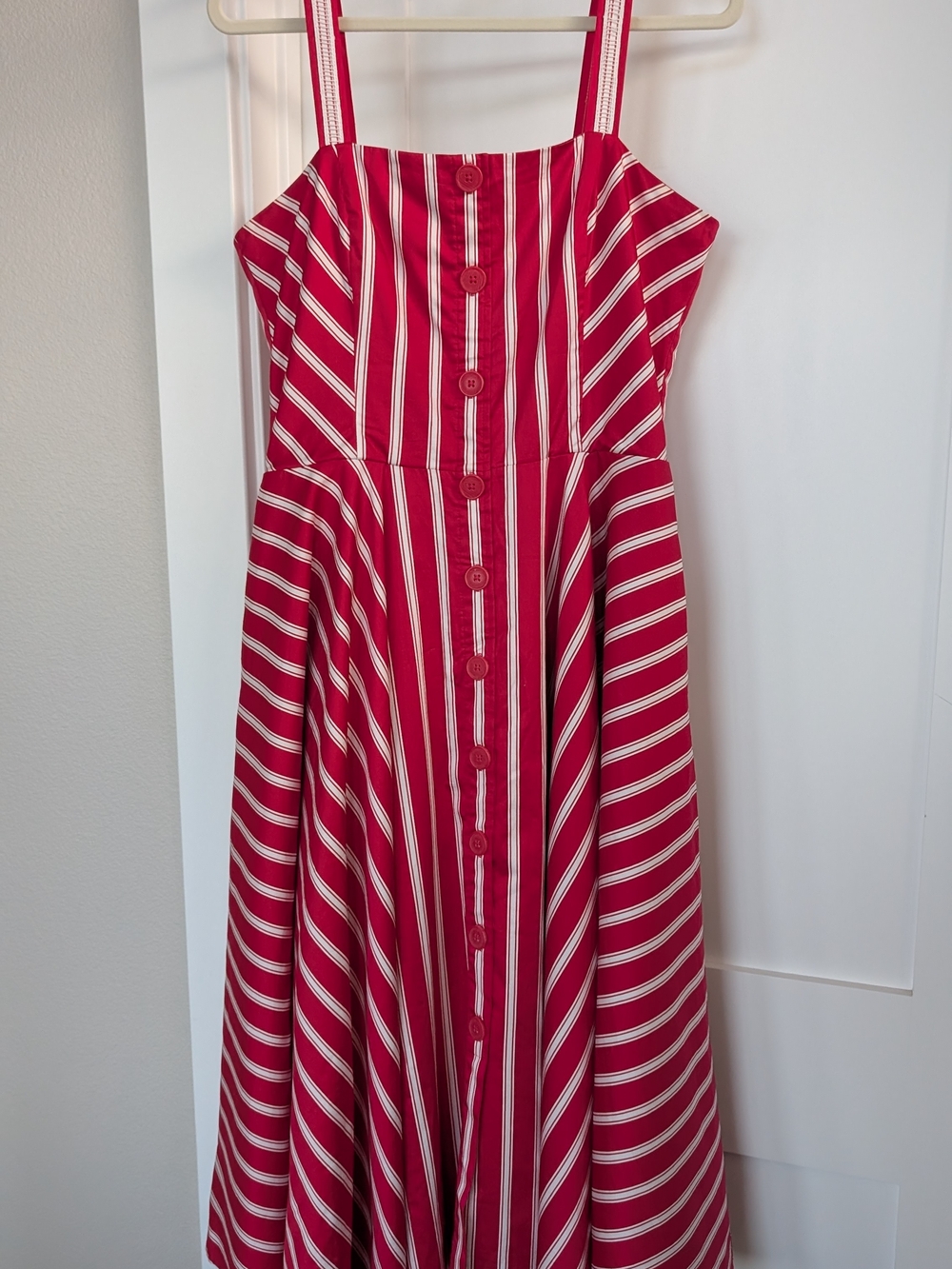 White House Black Market Red White Stripe Sundress Size 10 Button Front Midi